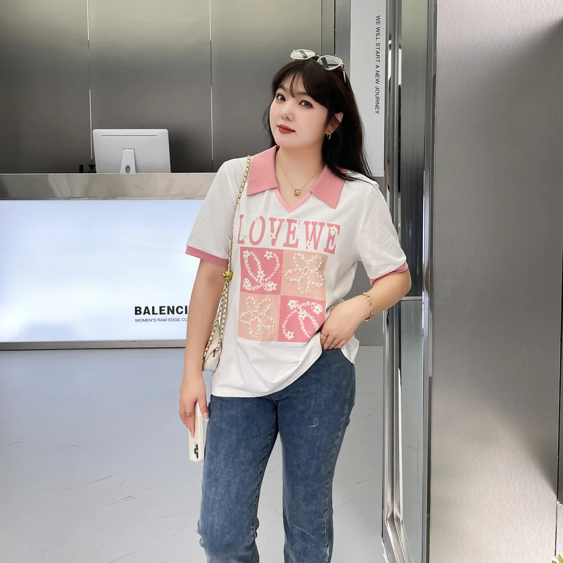 采多宝大码女装小众V领撞色重工针织T恤CXZ0981