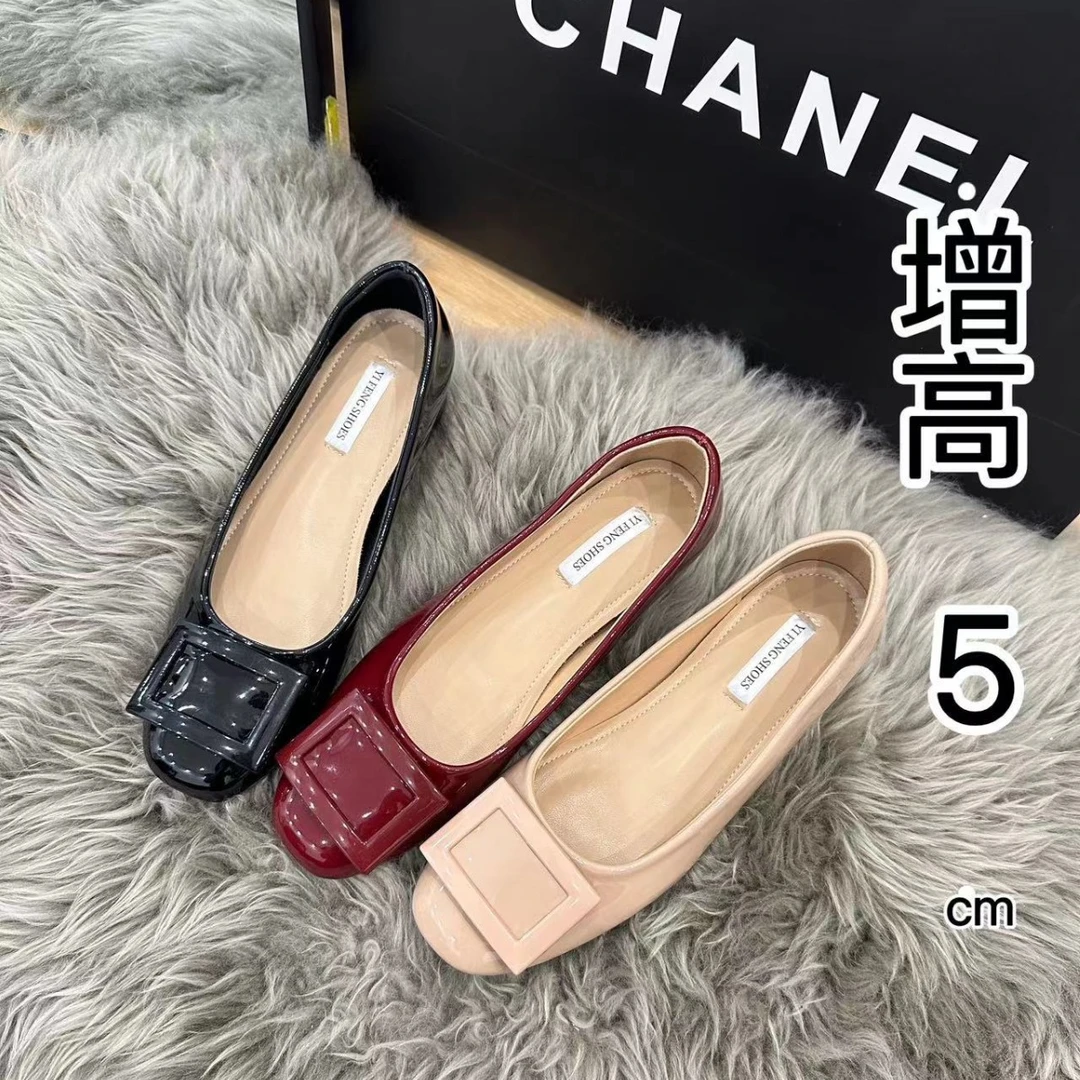 增高5cm软底经典方扣软漆皮气质浅口女鞋一脚蹬圆头法式纯欲通勤
