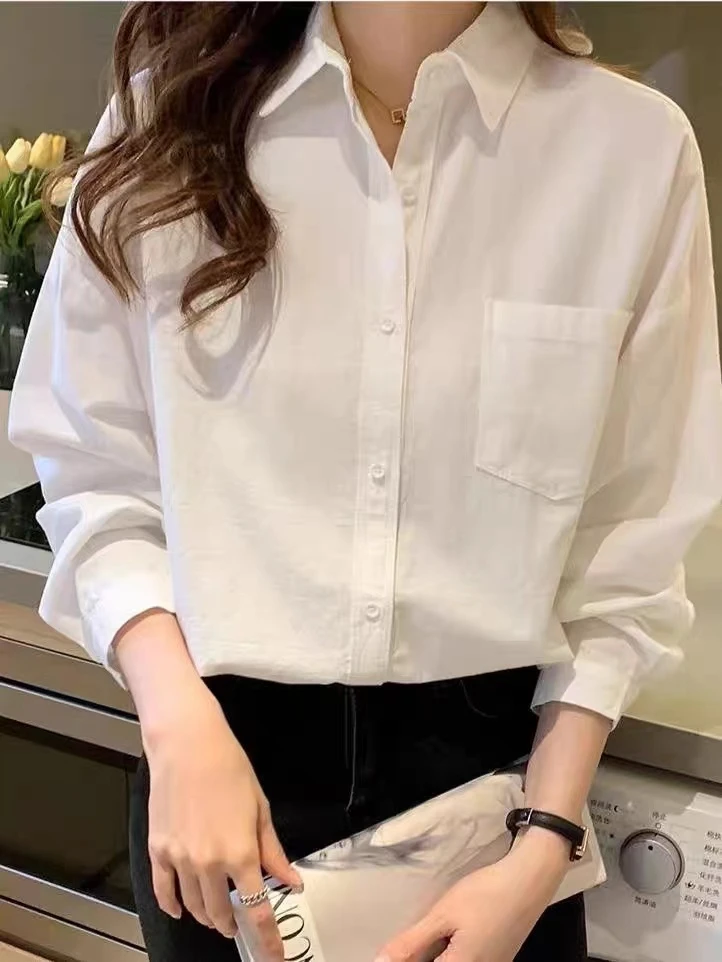 纯棉白衬衫女2025新款秋季100%全棉长袖休闲宽松上衣百搭通勤衬衣