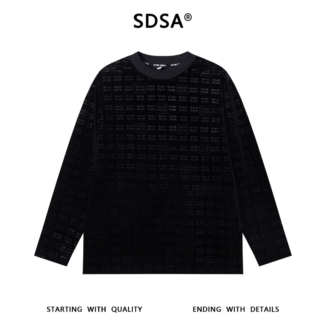 SDSA男士秋冬新款痞帅男装植绒满印刺绣字母圆领长袖T恤舒适百搭