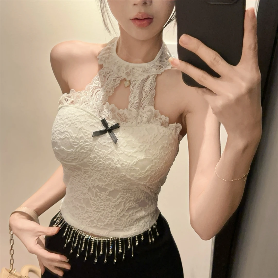 2025春夏新款白色蕾丝花边挂脖短款上衣女春蝴蝶结装饰性感甜美风