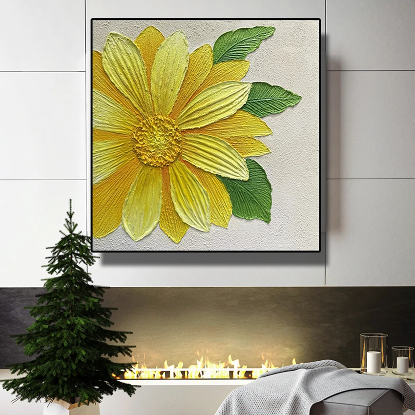 新款ins风奶油向日葵花卉立体油画餐厅卧室过道客厅玄关装饰画