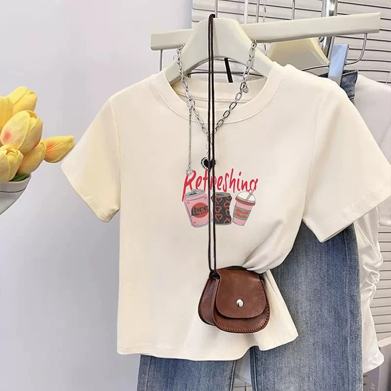 正肩纯棉圆领短袖t恤女装洋气时髦气质设计感夏季新款上衣韩版ins