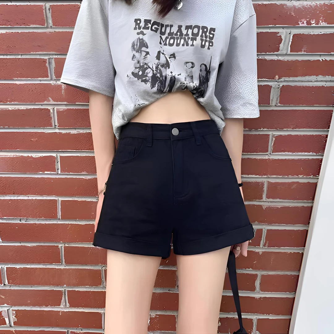黑色牛仔短裤女2025年夏季薄款新款弹力卷边a字显瘦高腰辣妹热裤
