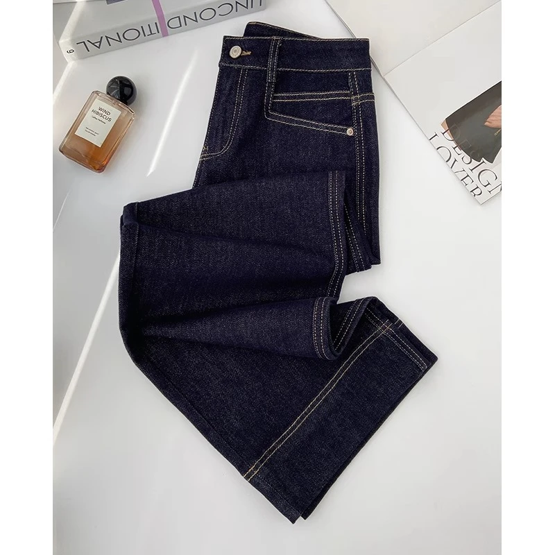 丹宁蓝高腰直筒九分裤女复古美式2025新款秋冬微弹力阔腿牛仔裤女