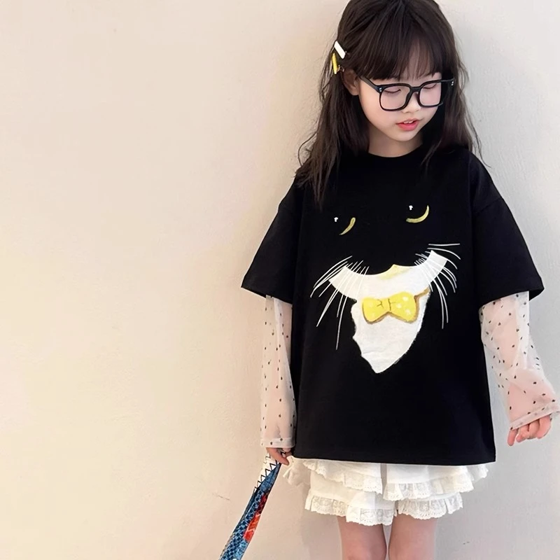 女童长袖T恤春秋2025新款儿童网纱拼接上衣韩版女孩假两件打底衫