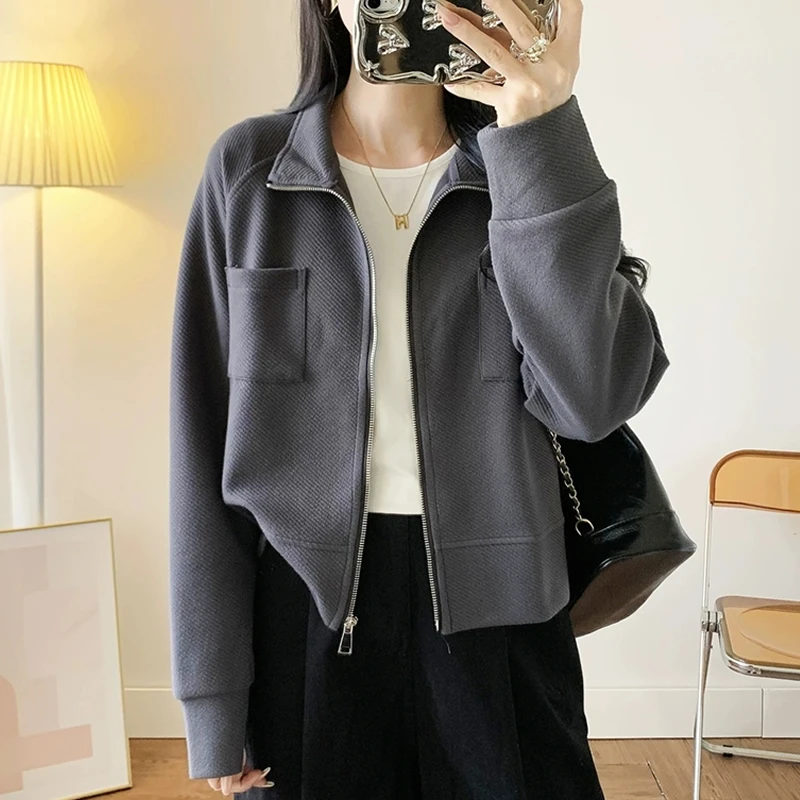 春季新款港风短款时尚立领宽松外套华夫格百搭高品质卫衣开衫上衣