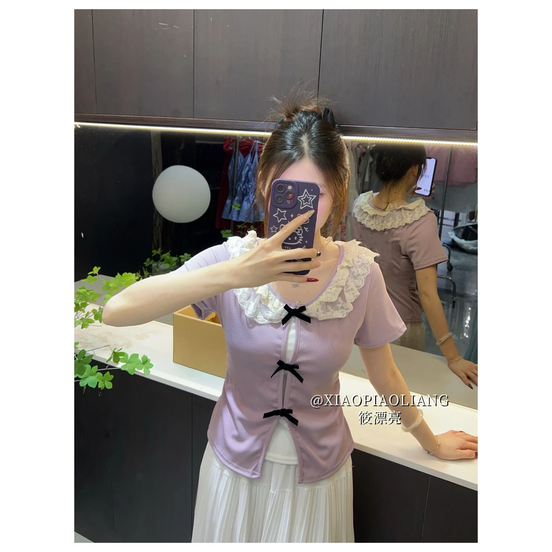 纯欲风蕾丝花边拼接设计上衣小个子韩版褶皱显瘦百搭T恤8398#0.1