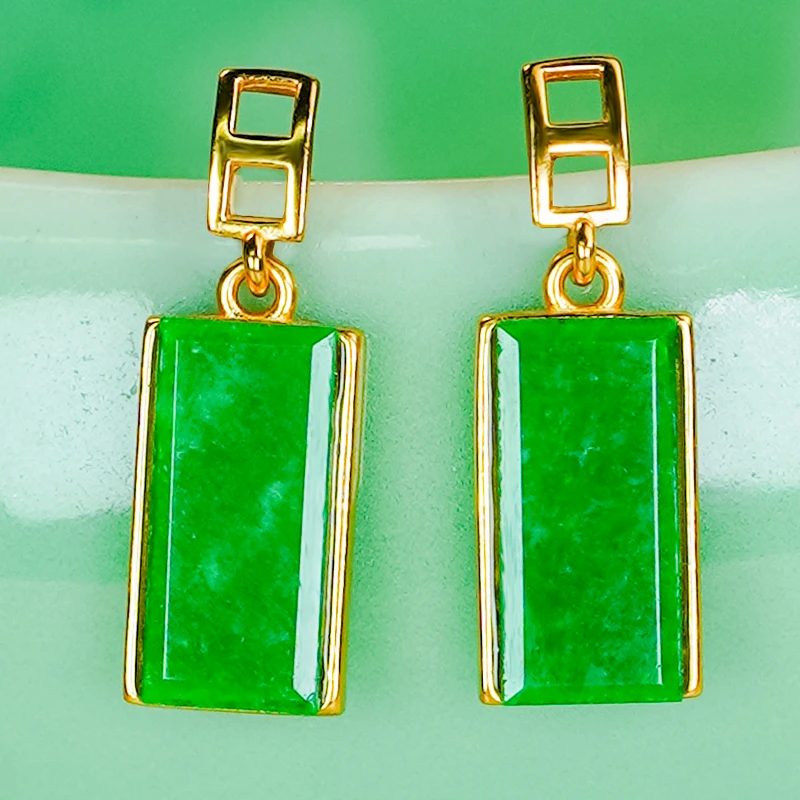 天然翡翠A货真玉耳环银镶嵌精致冰阳绿龙石无事牌翡翠耳钉