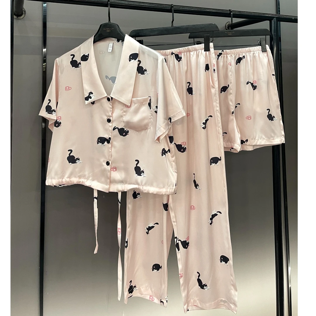 【露思同款粉梦猫影-短袖三件套】 夏季款潮牌仿真丝居家服睡衣套装