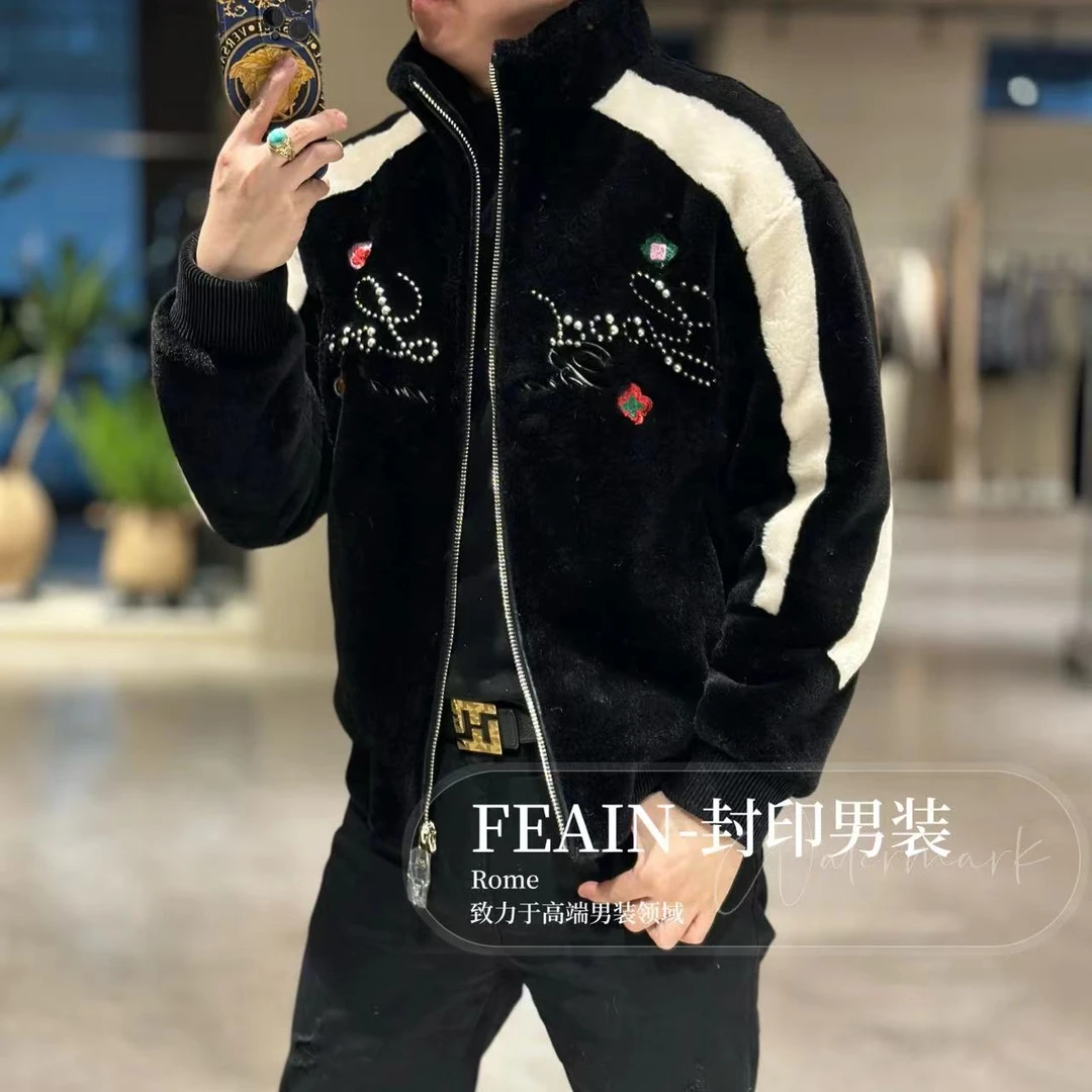 高端定制重工珠片绣加棉毛绒夹克2565