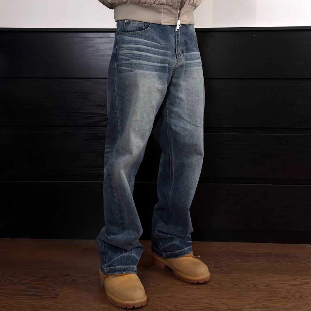 春秋美式猫须牛王水洗蜂窝做旧雪花复古蓝牛直筒版型牛仔长裤