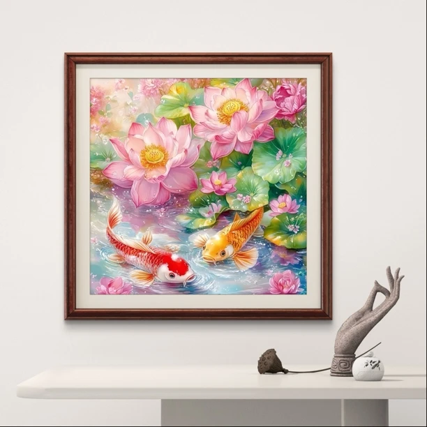 【十字绣】荷花锦鲤图-四股满绣 棉线75*75厘米（需自己绣）