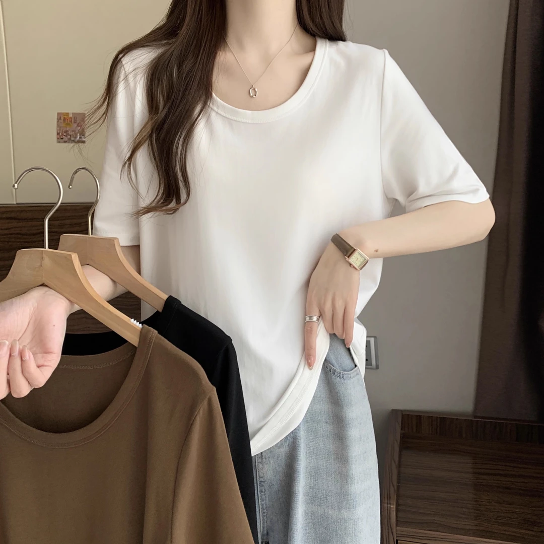 大码女装2025夏装新款正肩U领垂感透气短袖T恤坑条弹力显瘦上衣女