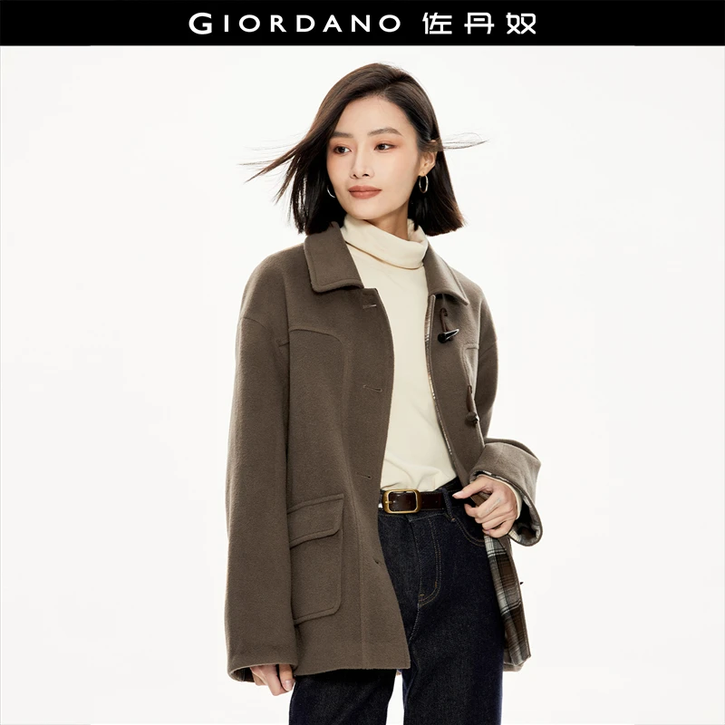 佐丹奴外套女装羊角扣翻领中长款宽松气质毛呢外套大衣 18373213