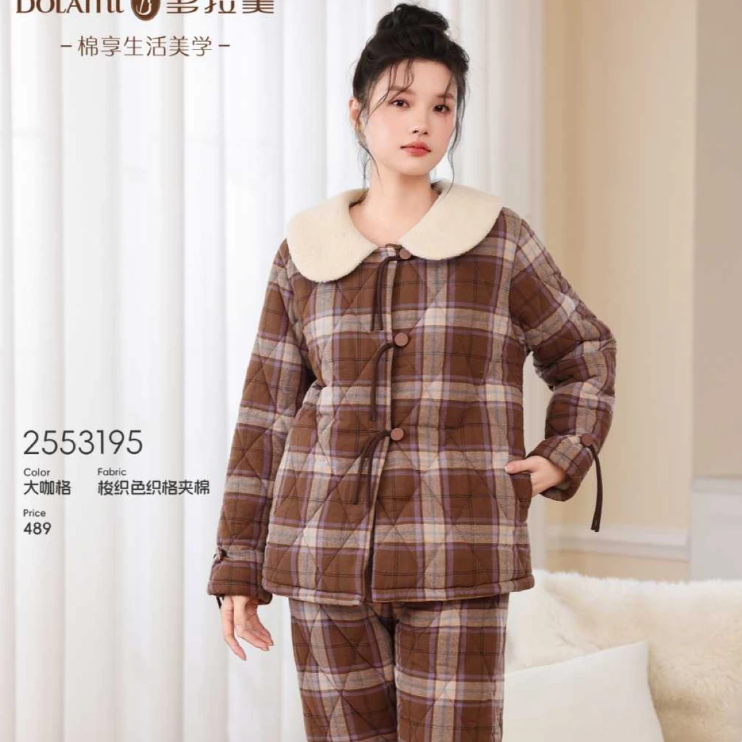 多拉美梭织格加厚夹棉加绒保暖甜美时尚睡衣2553195