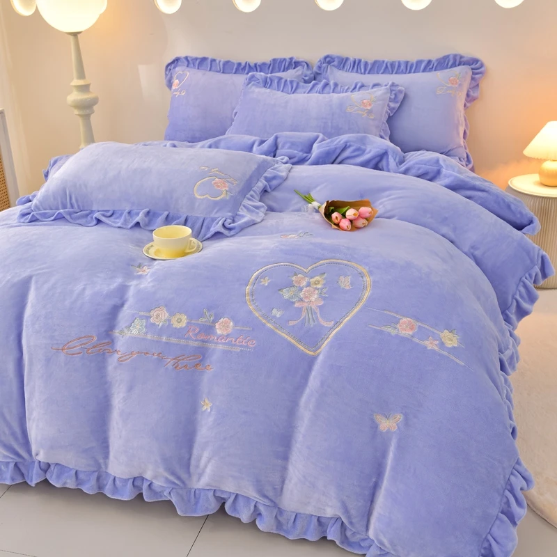高克重刺绣花边牛奶绒四件套法式公主风加绒加厚冬季绒被套床品