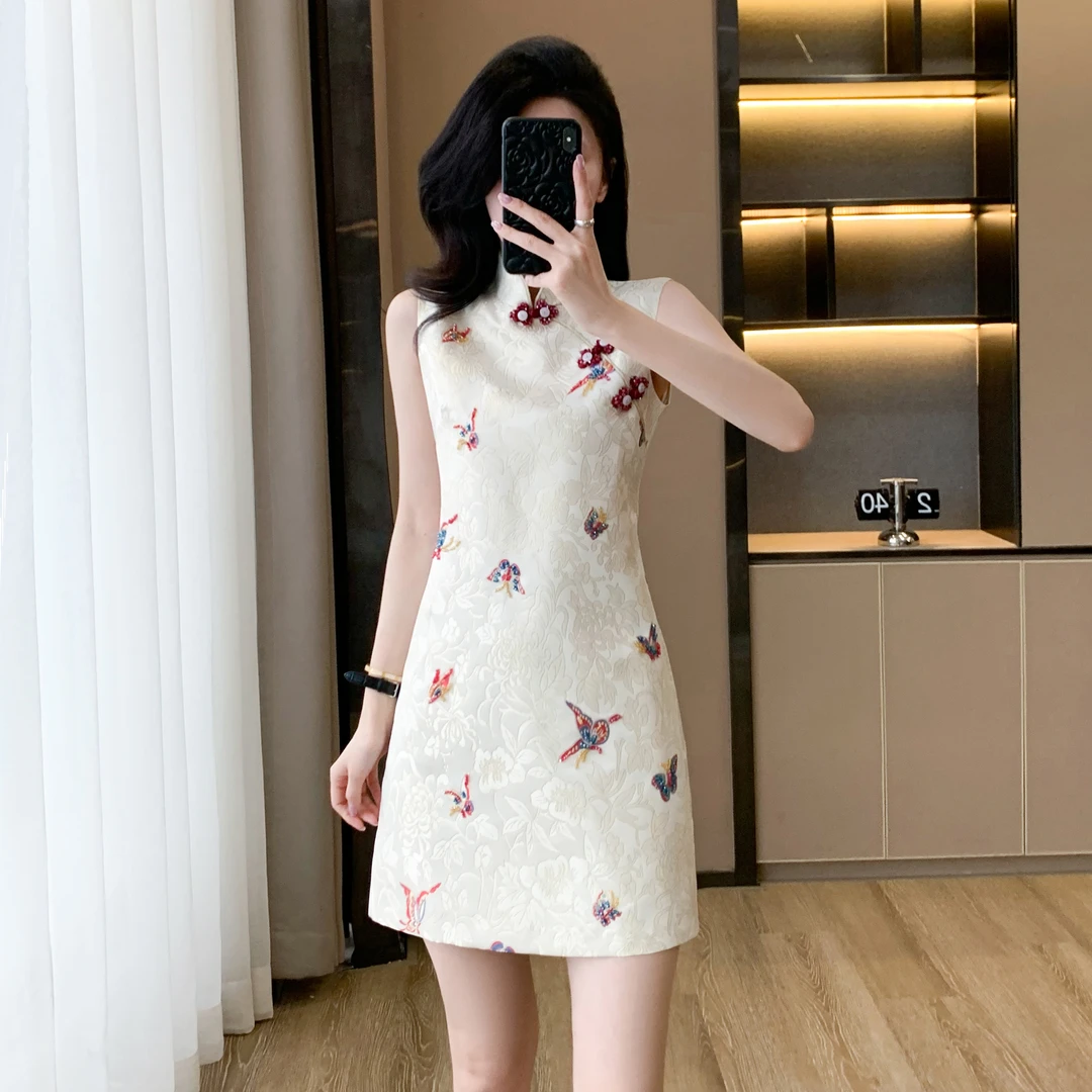 新中式改良刺绣无袖旗袍裙女小个子夏季新款高级感国风气质连衣裙