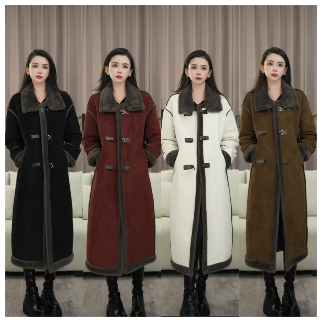 D1美拉德麂皮绒皮毛一体长款大衣外套女2025冬季新款加厚爆款麂