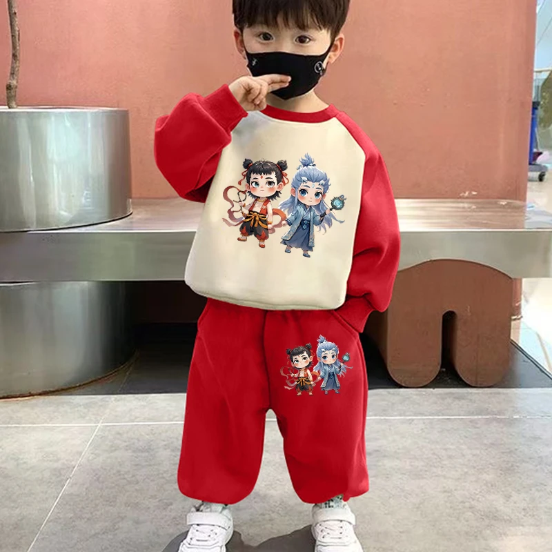 哪吒魔童闹海卡通动漫儿童衣服春秋季长袖男童女童卫衣卫裤两件套