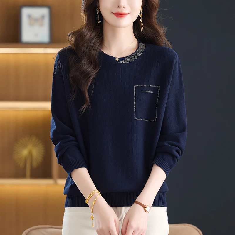 秋冬新款圆领烫钻长袖针织衫女士大码气质外穿打底百搭毛衣上衣