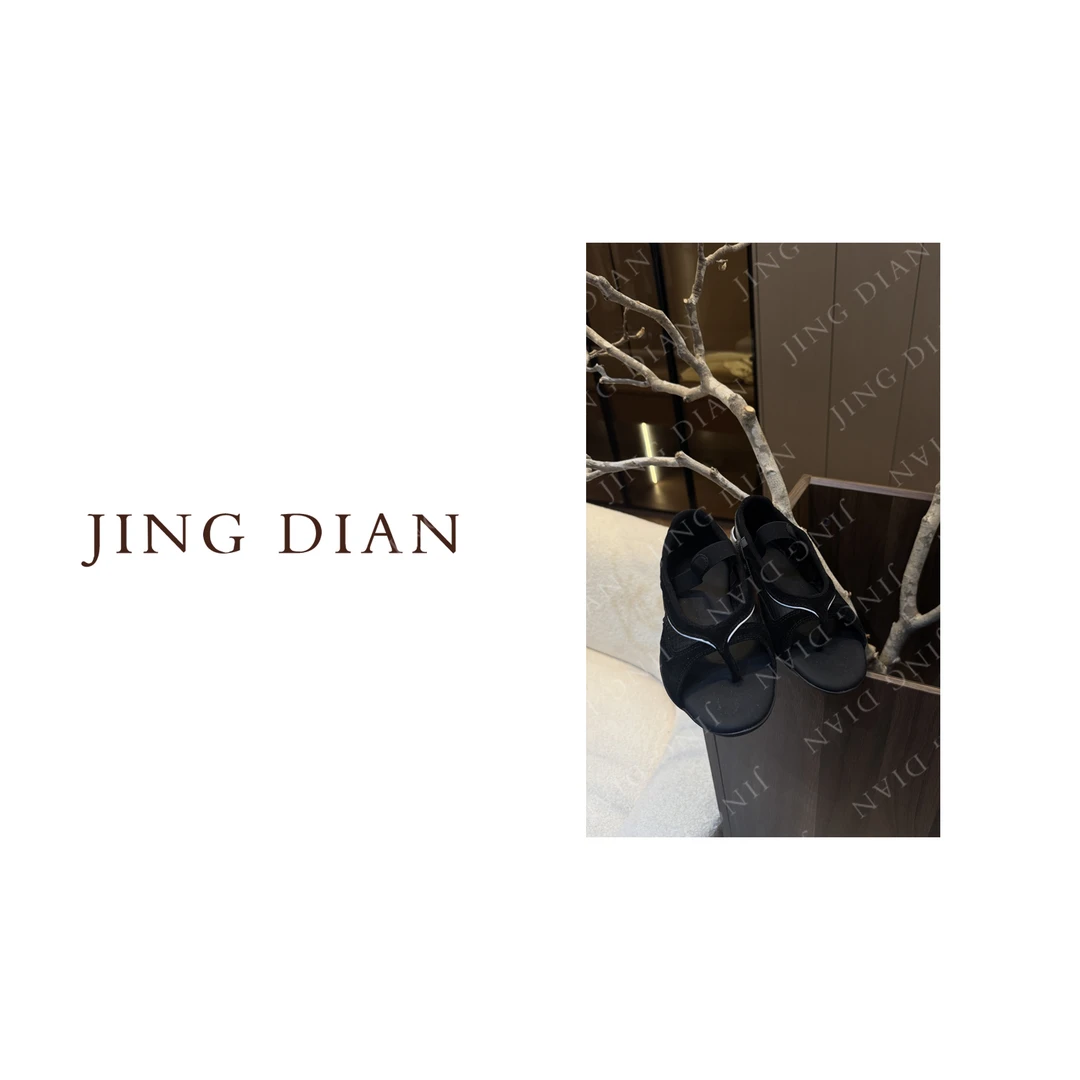 【JING DIAN】天天定制款黑色真皮拼接凉鞋