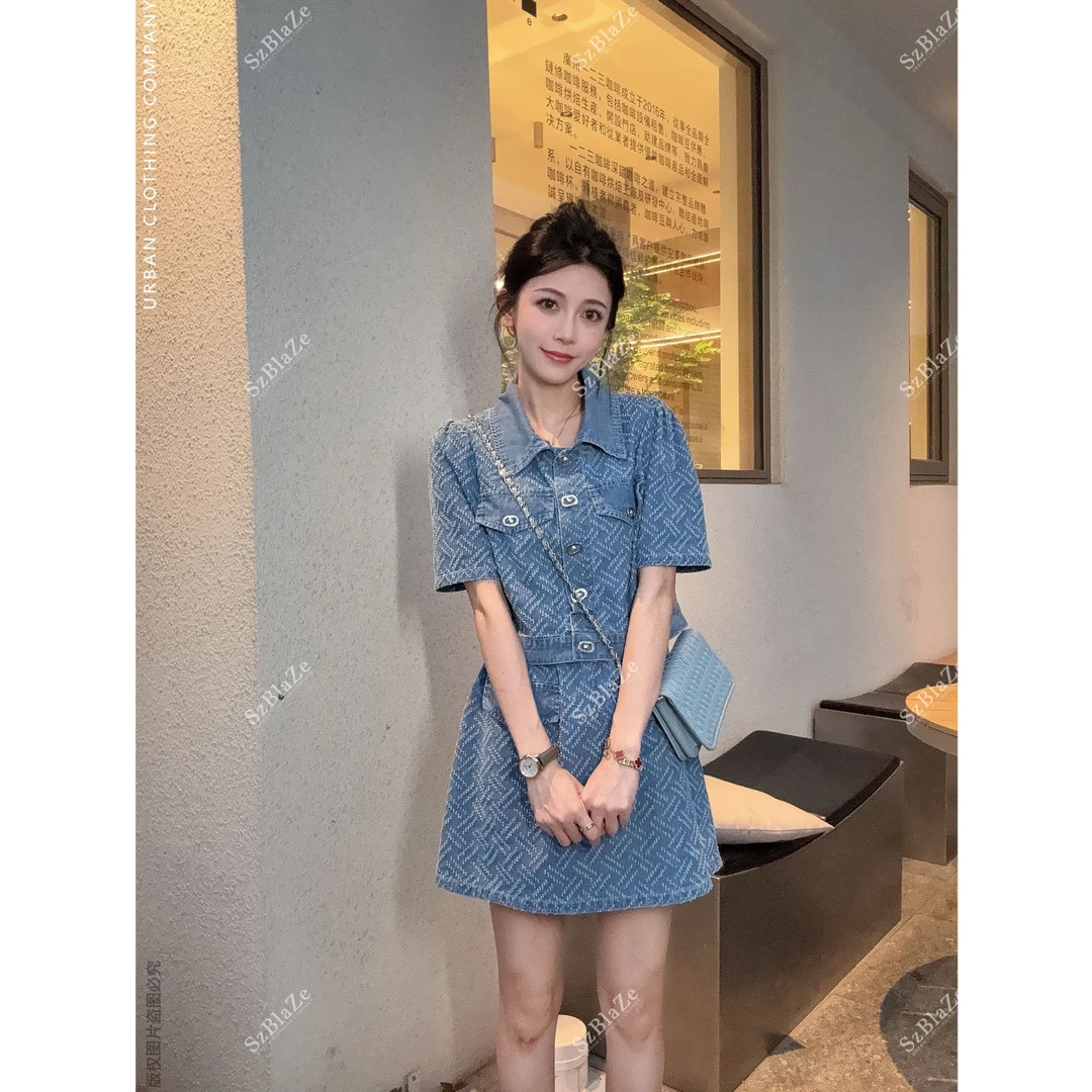 PERIKAS夏季薄款软牛仔套装简约短款休闲上衣高腰防走光短裙0370