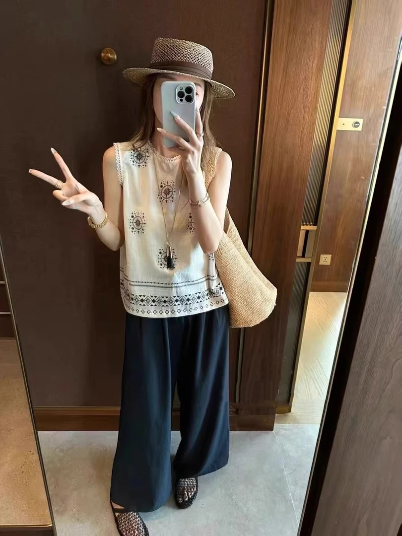 【元素风】夏季新款欧版宽松显瘦无袖高级感重工印花蕾丝边小衫