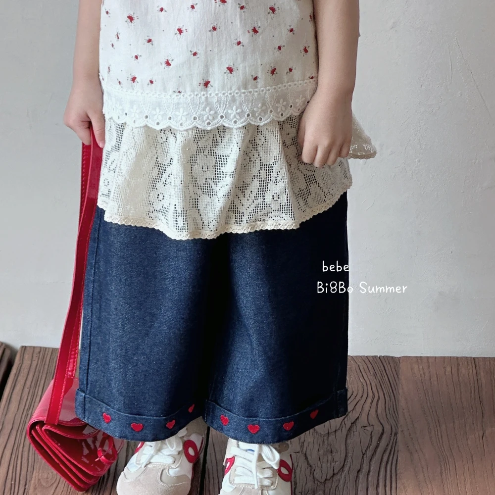 bebebi8bo2025夏季新款女童九分裤时尚百搭韩版爱心牛仔裤31222