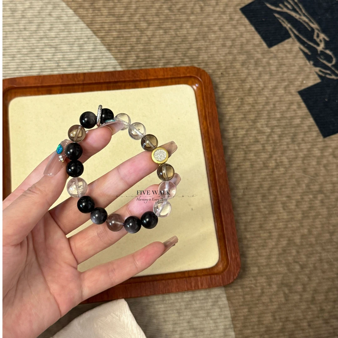 原创设计品牌”顺遂“茶晶银曜石白阿塞无事牌水晶手串多样性发其一