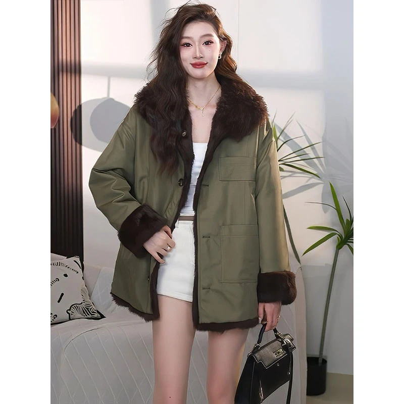 派克服女短款款翻毛领两穿冬季新款毛毛外套大衣时尚百搭皮毛一体