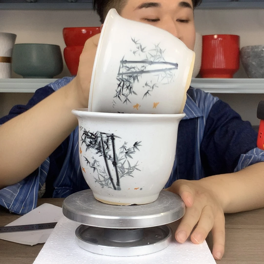 红陶微瑕/墨竹图案白色花盆14x11两个花盆