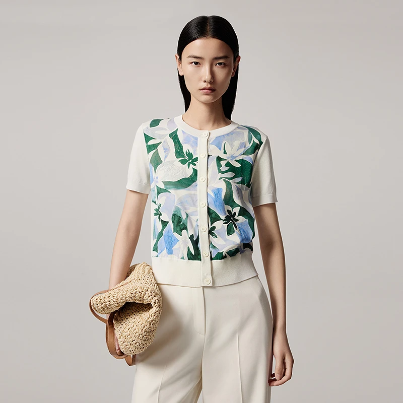 LANCY/朗姿2025秋新款气质印花圆领短袖针织衫女通勤百搭短款开衫