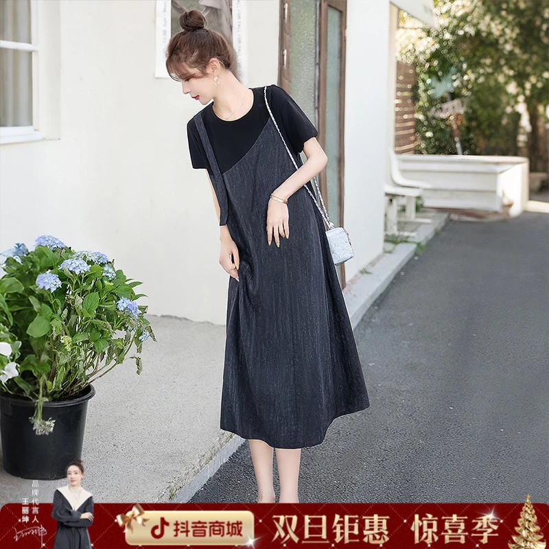 丝柏舍2025棉夏新款女装休闲圆领撞色套头假两件连衣裙S52B1791L