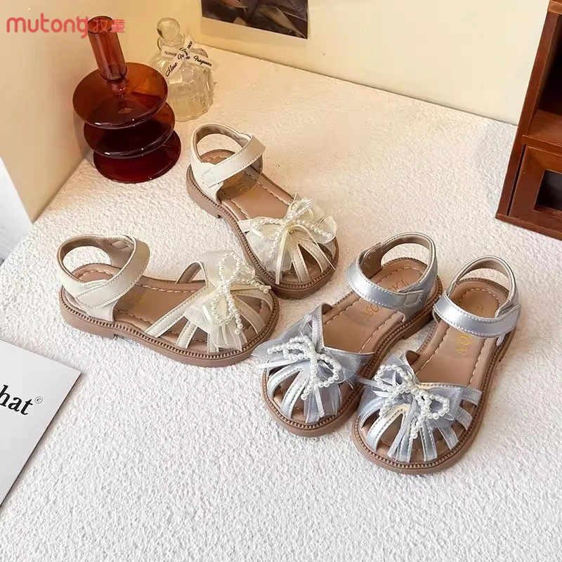牧童女童珍珠蝴蝶结公主凉鞋2025夏季新款女宝小童时尚百搭软底潮