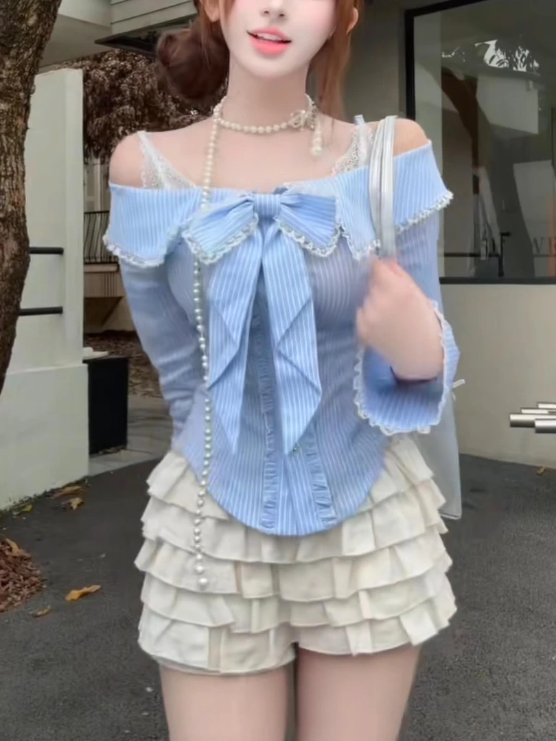 法式甜美蝴蝶结一字肩条纹长袖衬衫半身裙两件套女秋季漂亮套装裙