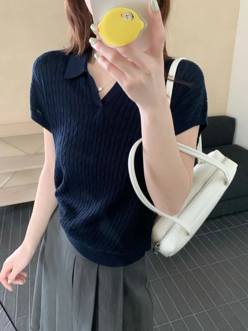 【素简.500188】夏季新款冰蚕丝气质Polo麻花女装设计感针织衫