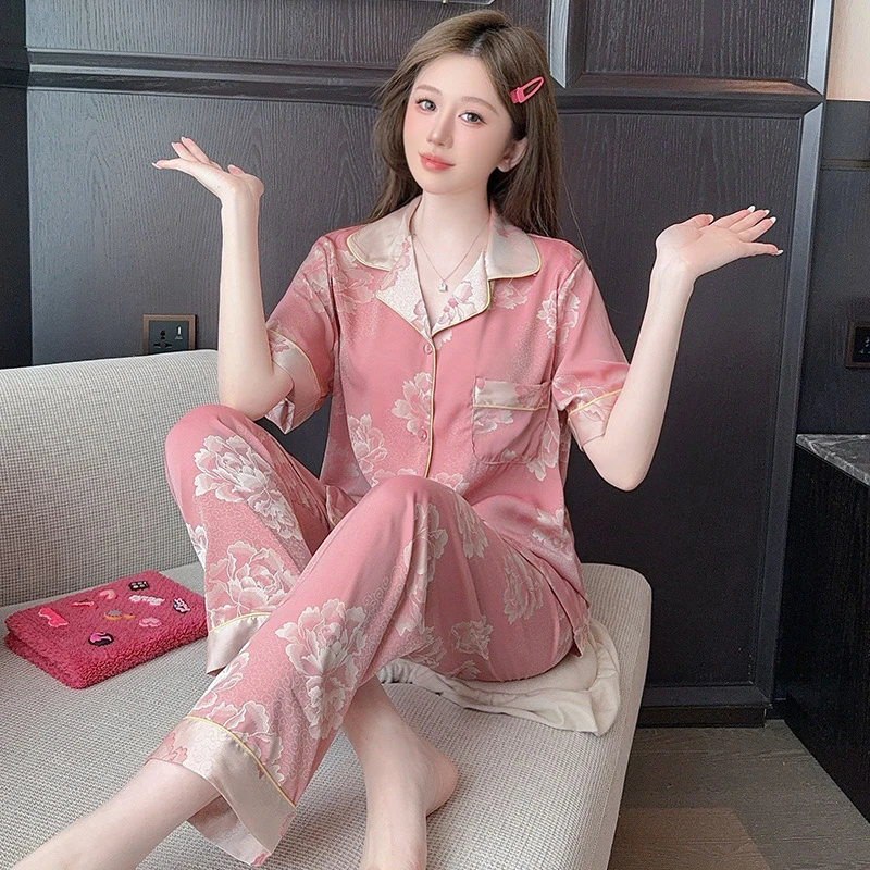 三件套睡衣女2025新款夏季冰丝提花国风家居服高级感时尚休闲套装