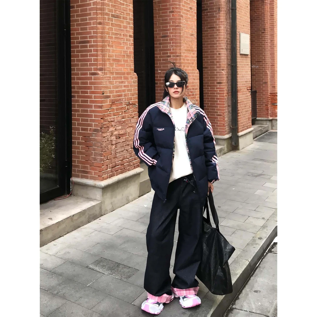 美式高街撞色格子面包服男冬复古织带条纹立领棉服设计感加厚棉衣