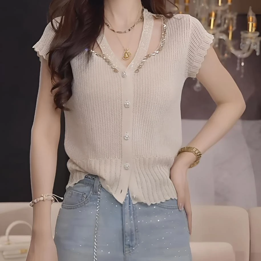 2025法式夏季轻奢风气质设计v领小飞袖针织衫洋气百搭小众上衣女