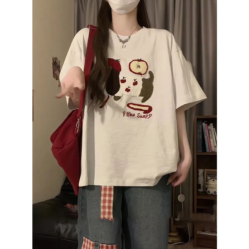 300斤大码女装韩系设计感小狗刺绣短袖t恤女胖mm宽松显瘦遮肉上衣