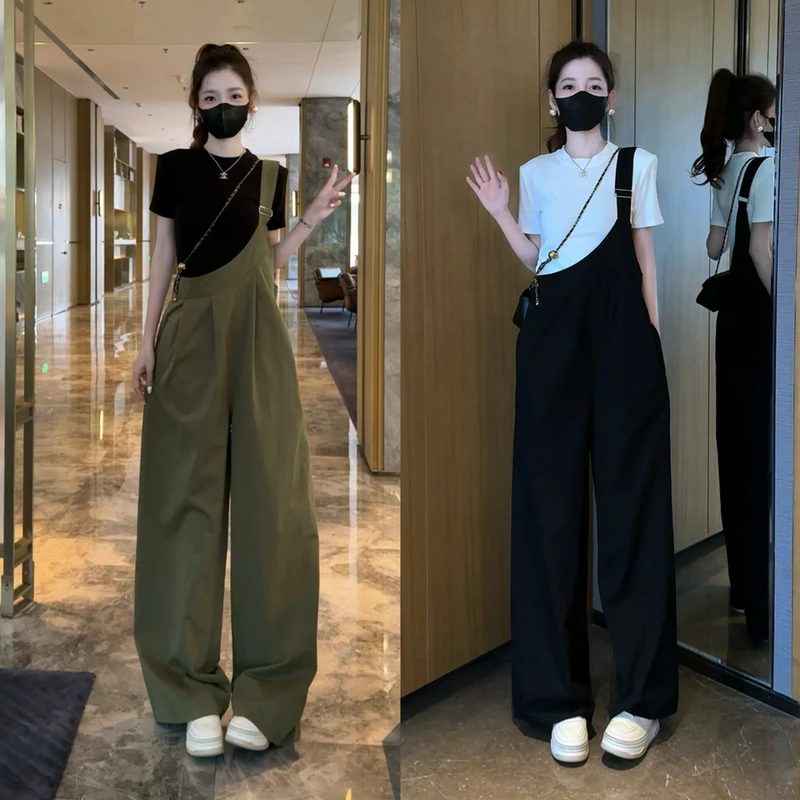 工装背带裤夏季新款高腰宽松休闲阔腿连体裤+短袖T恤时尚套装