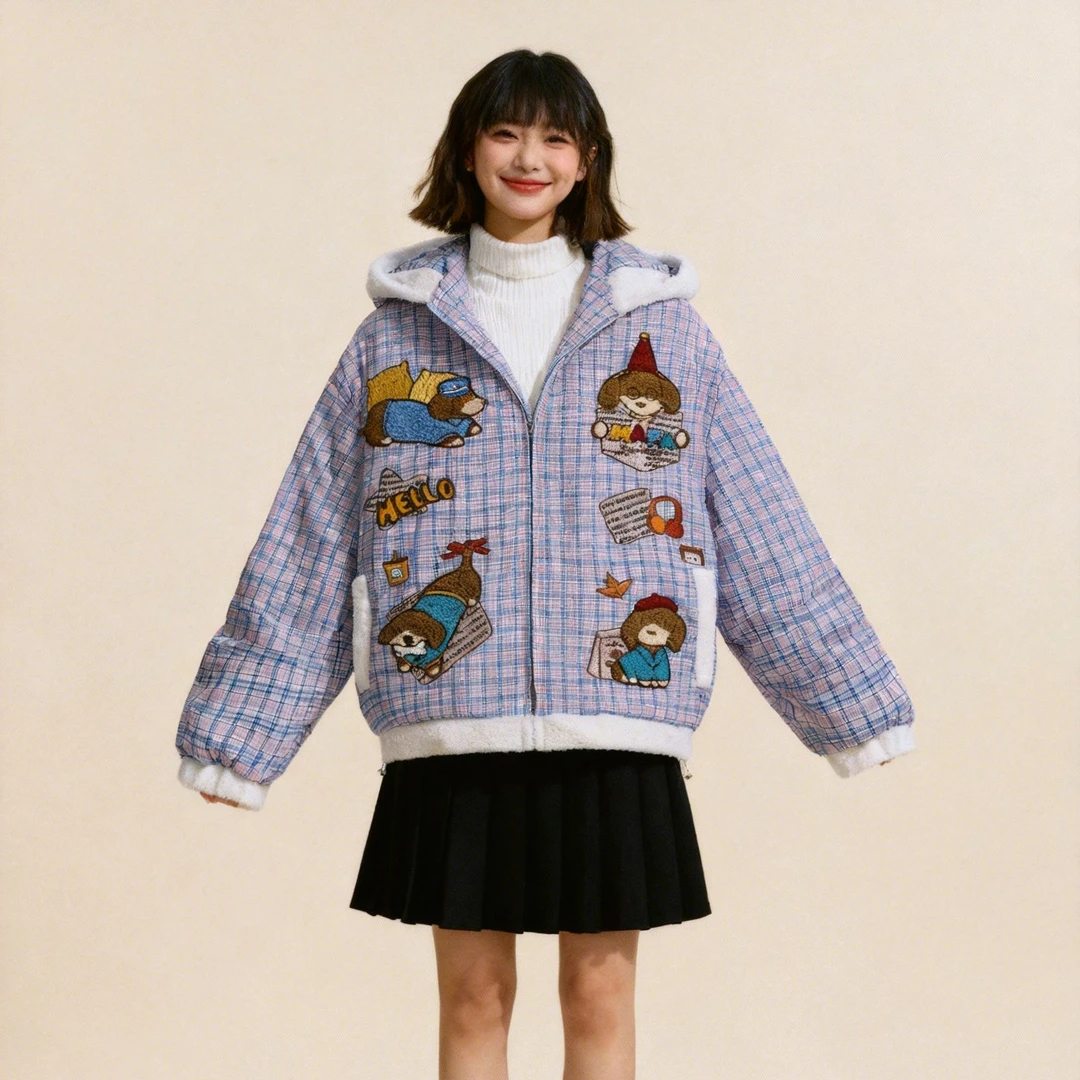 韩版学院风趣味卡通可爱少女风刺绣格纹拼接保暖连帽棉服学生棉衣