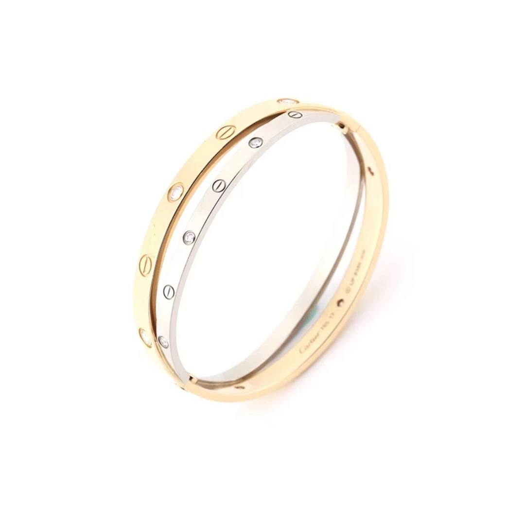 99新 Cartier/卡地亚 LOVE系 18K玫瑰金/白金双色双环十二钻手镯