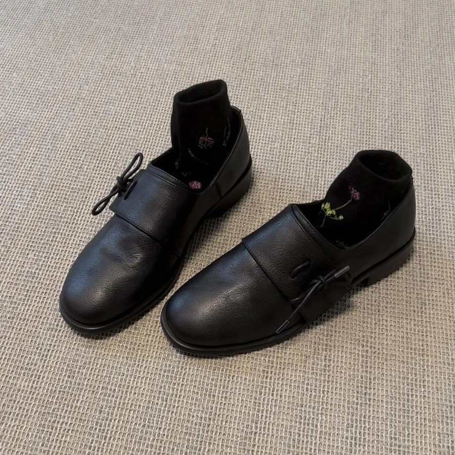 【明星同款】羊皮版~复古圆厚底小皮鞋女复古简约百搭气质粗跟系带