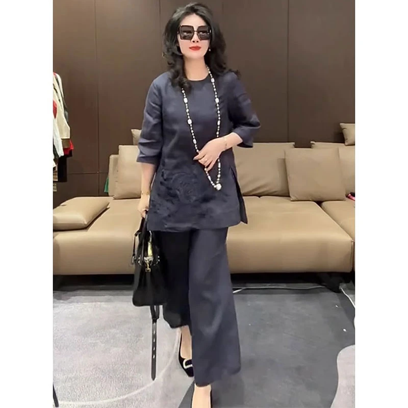 欧货2025夏季新款高级感显瘦中长款T恤高腰裤子纯色棉麻刺绣套装