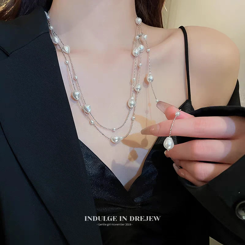 合金仿珍珠项链 轻奢高级不规则仿珍珠项链百搭双层叠戴长款饰品