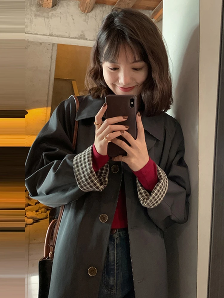 150小矮个子高级感格纹风衣外套女早春秋中长款英伦宽松大衣01