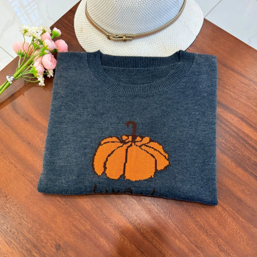 【桑蚕丝羊毛】卡通南瓜减龄百搭提花针织衫圆领女装打底衫毛衣839X