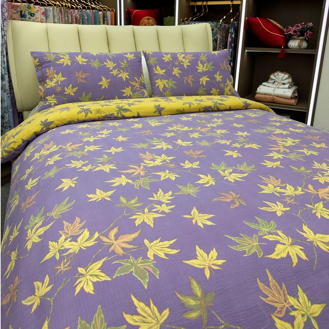 【MS】亲肤棉双层纱四件套--紫色枫叶（纽扣）